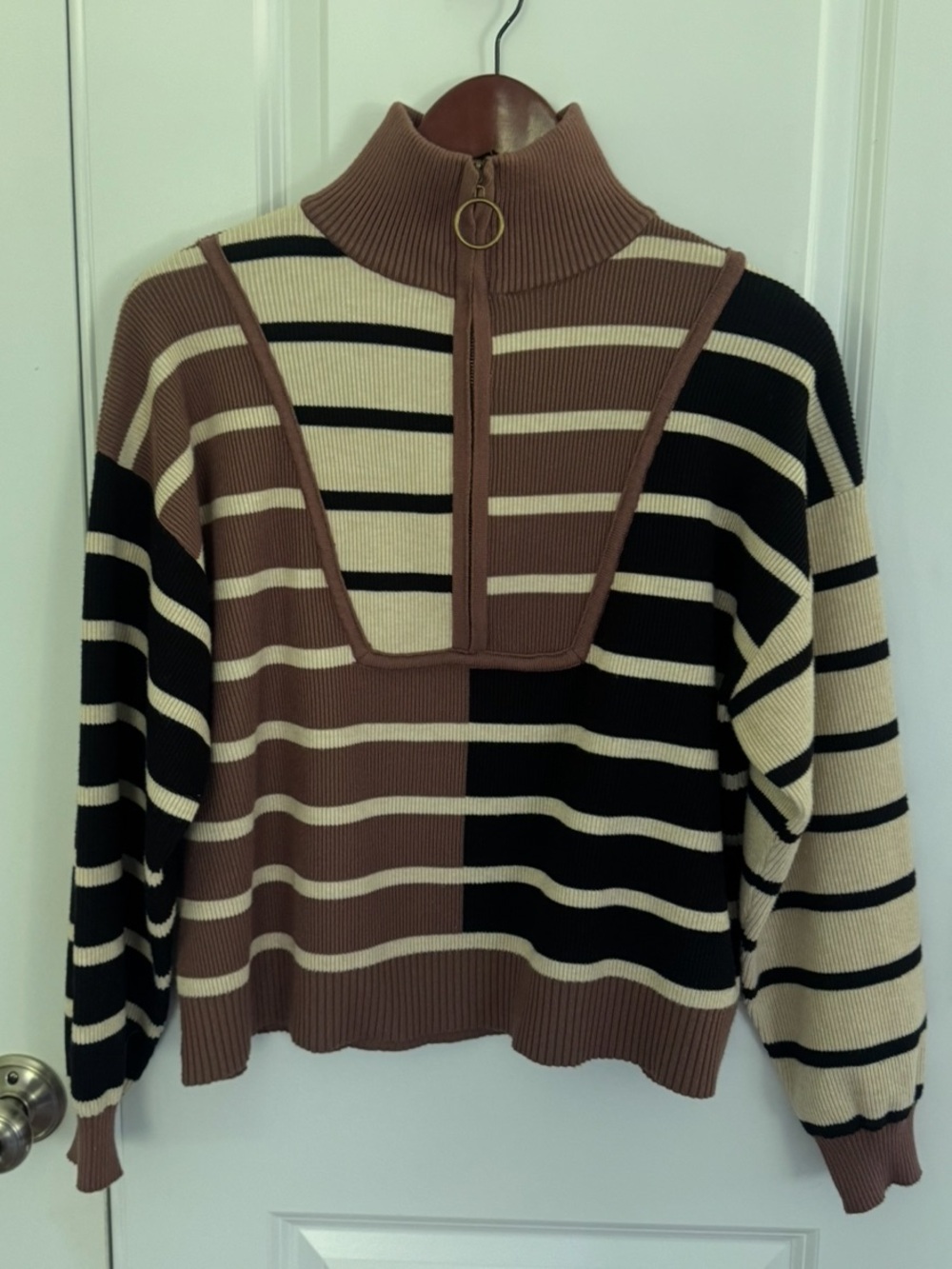 Entro Colorblock Stripe Ribbed 3/4 Zip Sweater